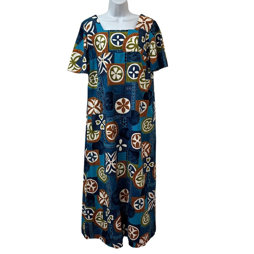 Vintage Retro Print Made in Hawaii Blue Floral Cotton Maxi Dress Square Neck XL